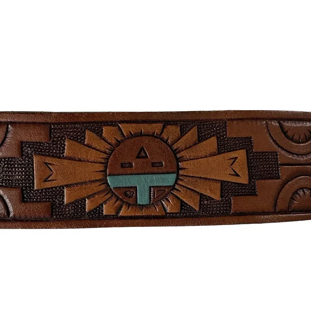 Vintage Chambers Tooled Belt with Buckle Southwestern Leather Fits Waist 24-30